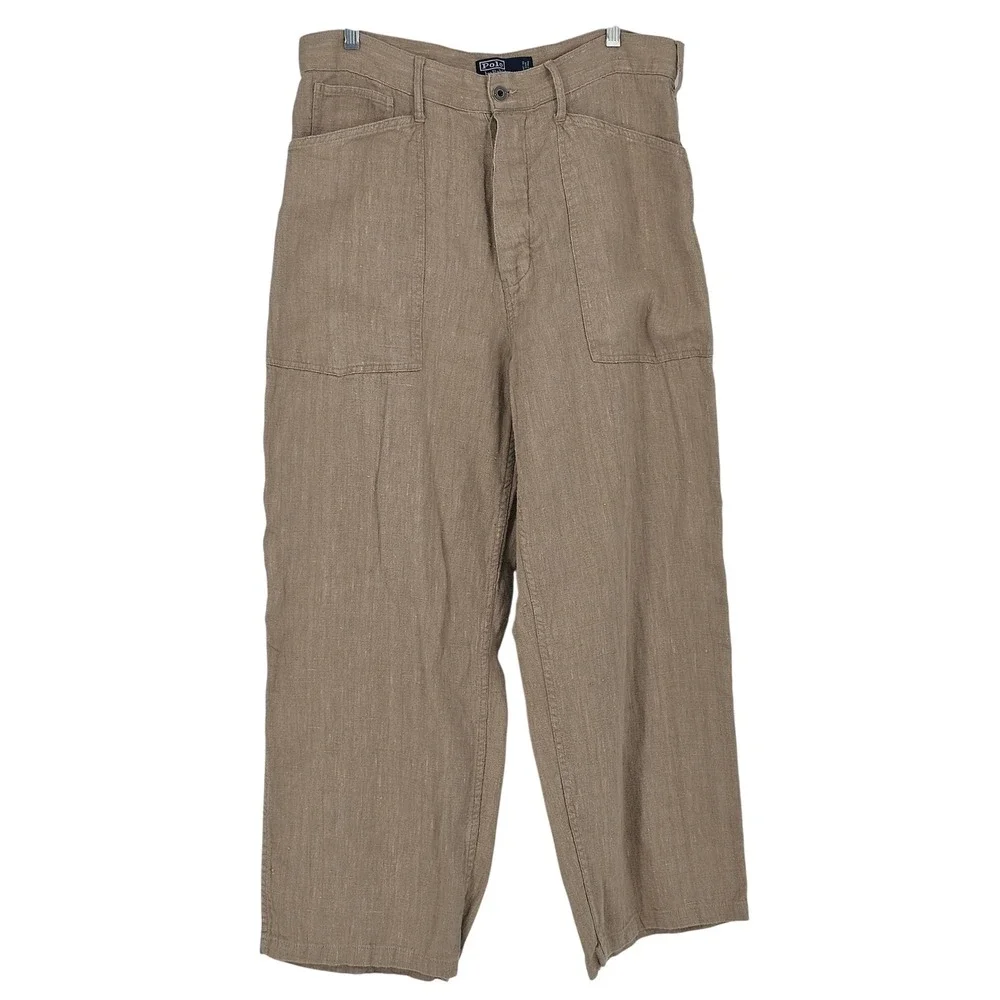 Vintage Polo Ralph Lauren Linen Cinch Back Pants 36x32 Tan Y2K Heritage Coastal